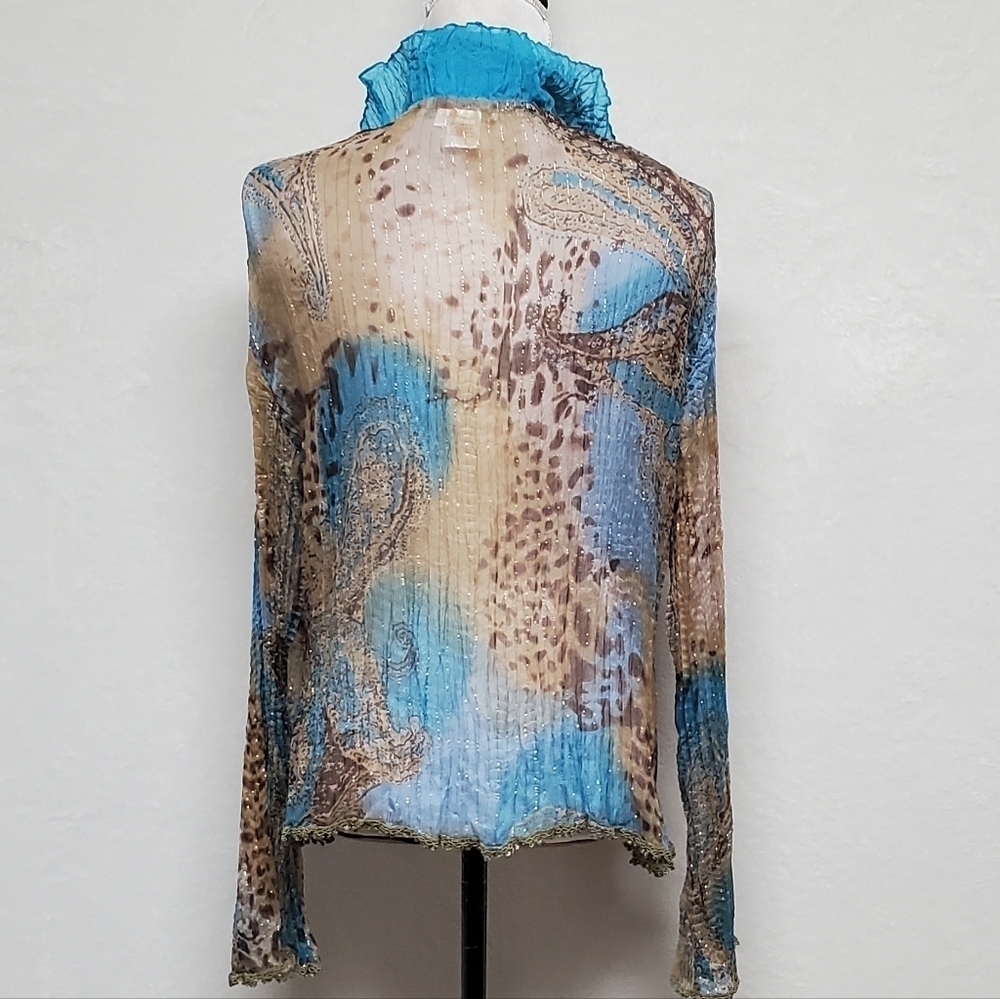 Vintage OOAK Alberto Makali Blue Leopard Print Gold Metallic Knit Abstract Top - Picture 11 of 14